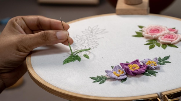 Artystka haftująca motyw florystyczny